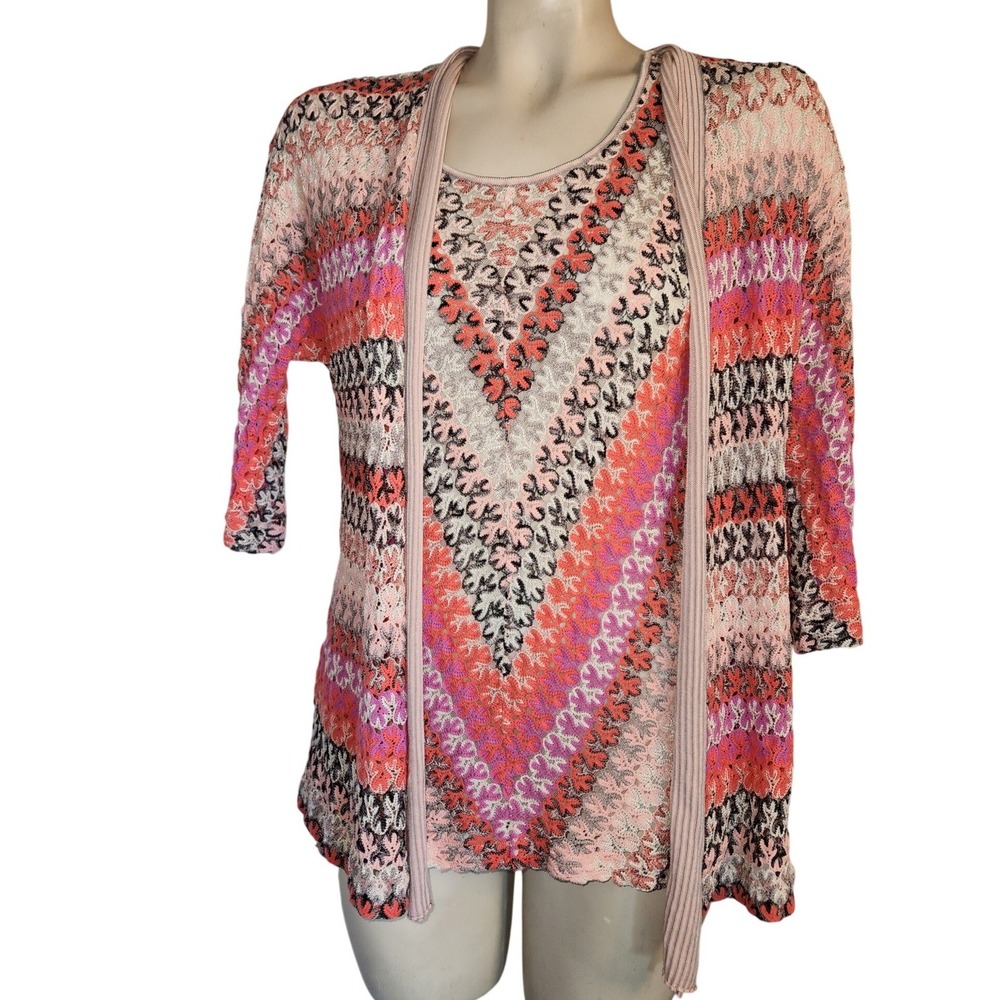 NIC+ZOE Womens Multi-Color Crochet Knit Open Front Cardigan Pink Orange Medium
